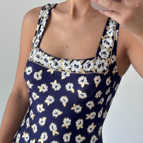 Gottex Swimsuit Medium Navy Floral Metallic Coastal One Piece Modest VTG 70s - Picture 3 of 14